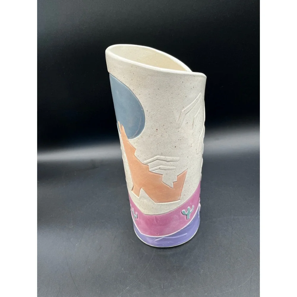 1990 Southwestern Studio Pottery Coyote Moon Vase Signed 10.25